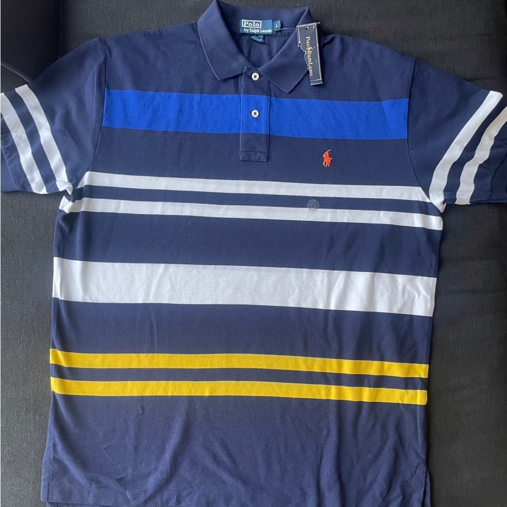 Ralph Lauren Polo - Navy - White, blue, yellow striped- Orange Polo logo - Sz LG